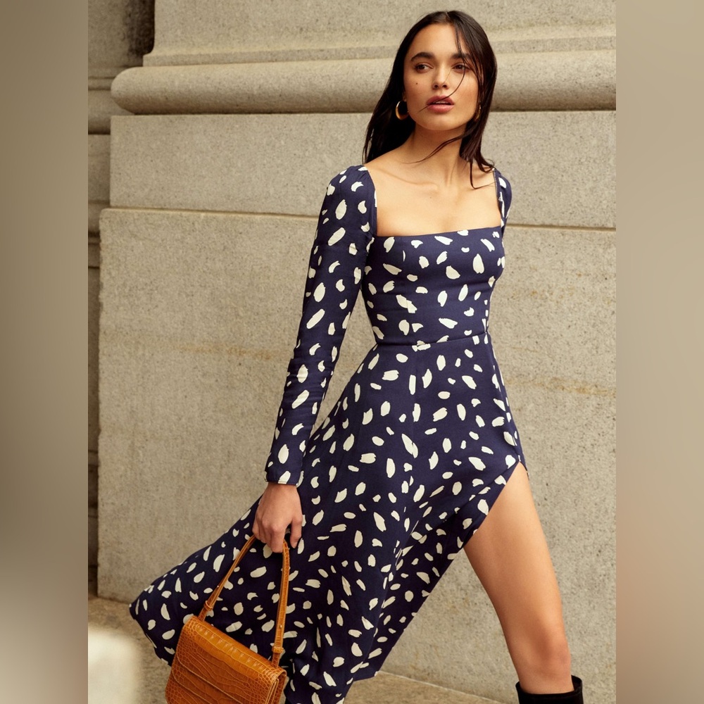Reformation Navy Blue and White Square Neck Long Sleeve Midi Dress